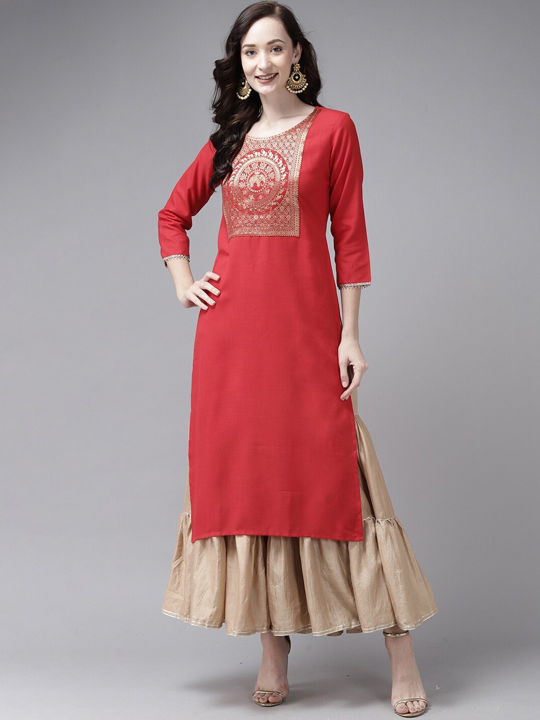 

Indo Era Women Yoke Design Ethnic Motifs Printed Kurta, Red