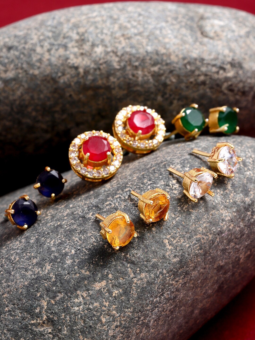 

ZENEME Pack Of 5 Gold-Plated Circular Stud Earrings, Red