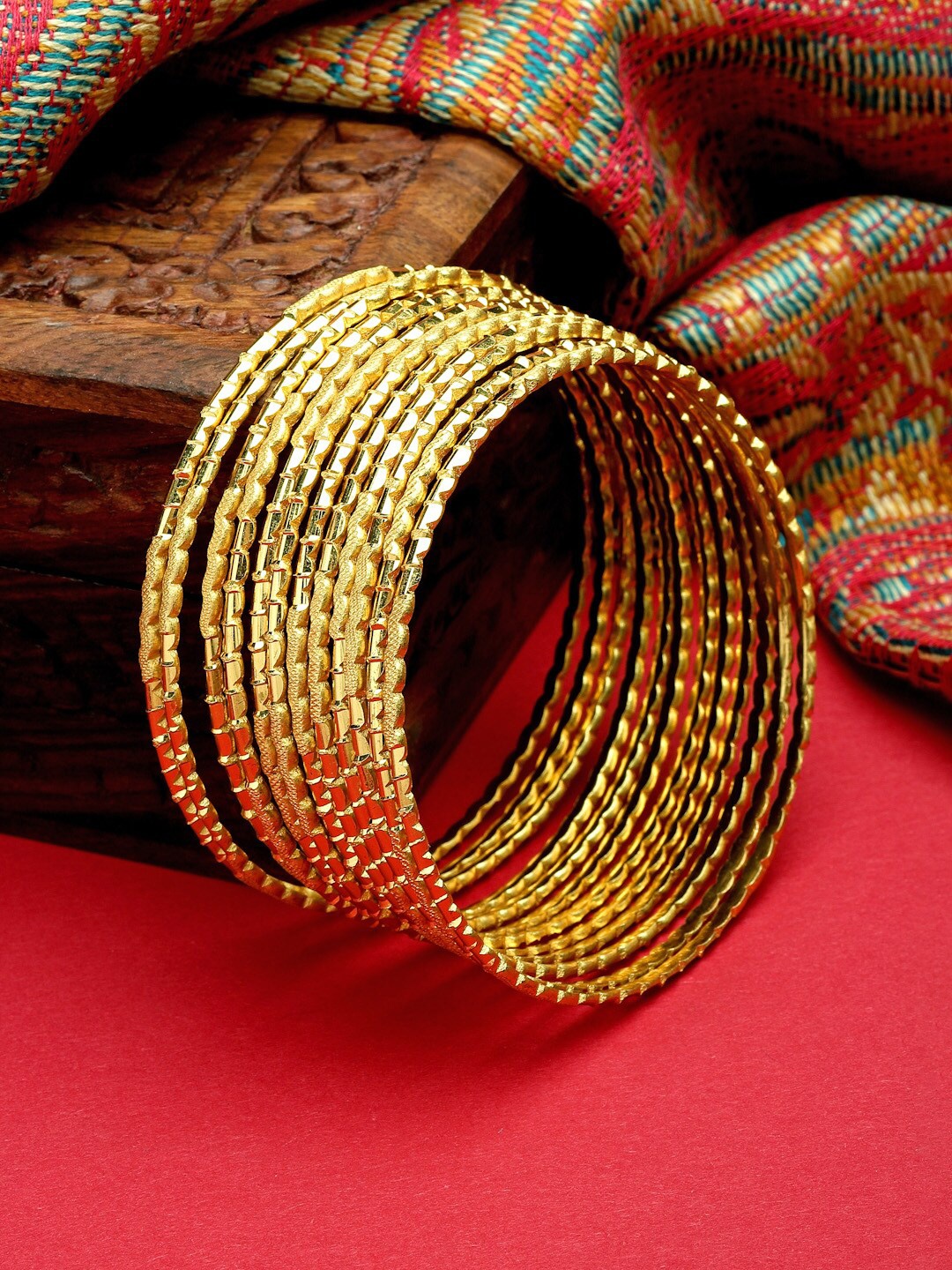 

ZENEME Set Of 12 Gold-Plated Textured Detail Handcrafted Designer Bangles