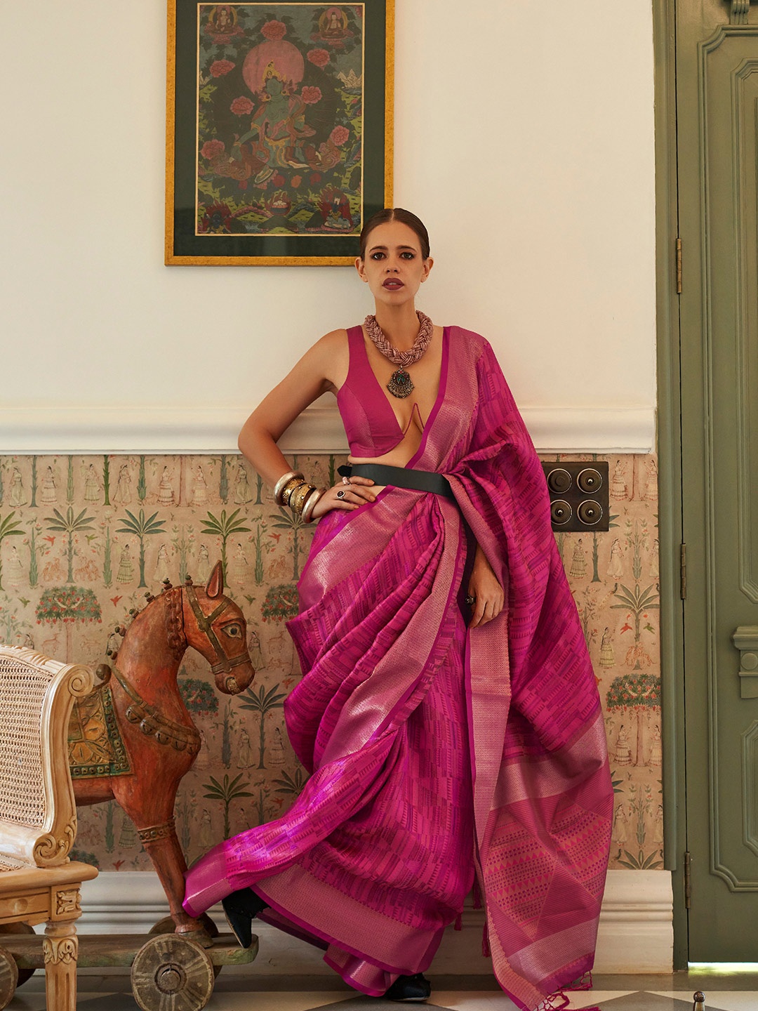 

Mitera Woven Design Zari Organza Saree, Magenta