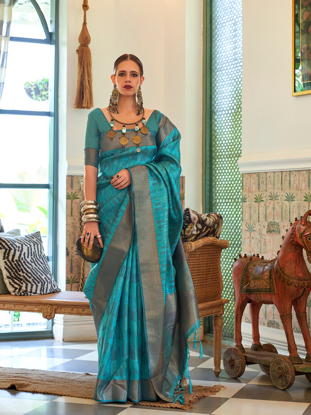 

Mitera Woven Design Zari Organza Saree, Blue
