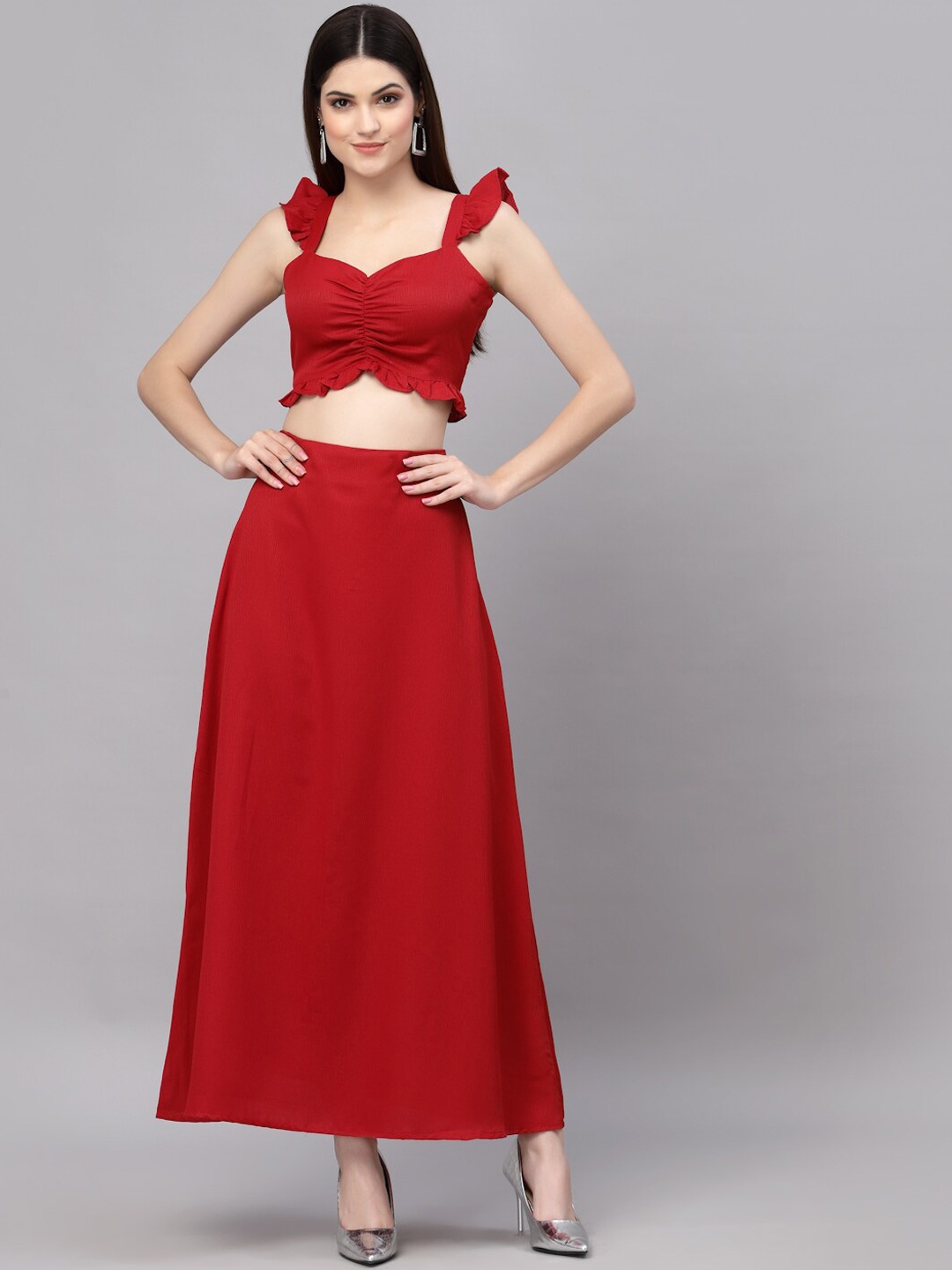 

aayu Ruffled Shoulder Straps Top With Skirt Co-Ords, Red