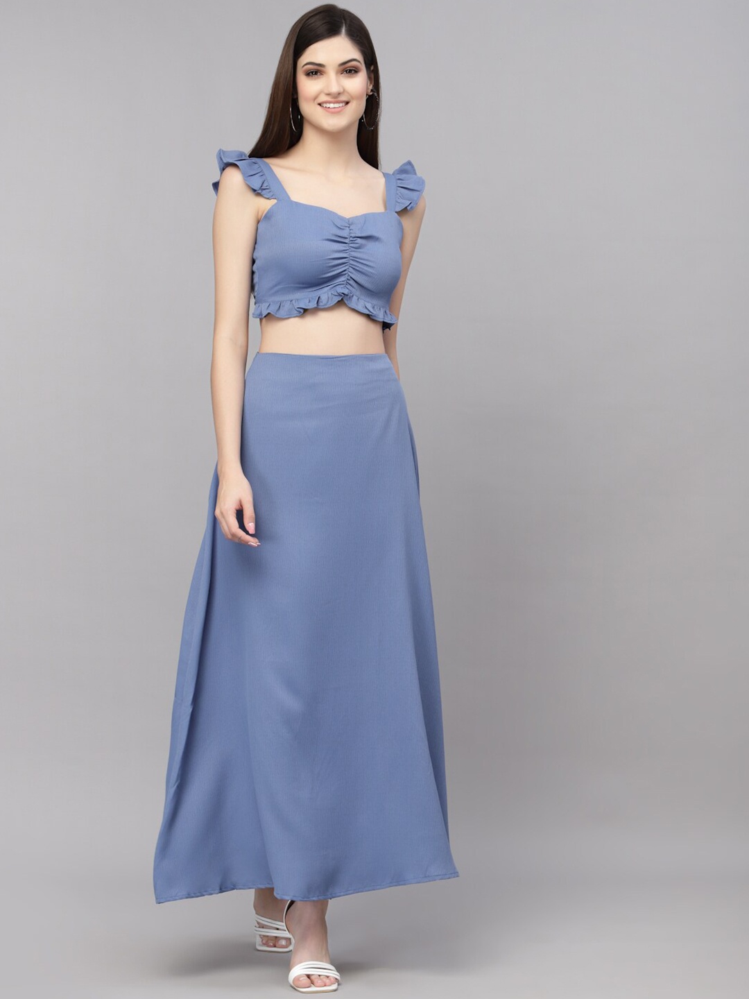 

aayu Women Sweetheart Neck Ruffled Crop Top With Skirt, Blue