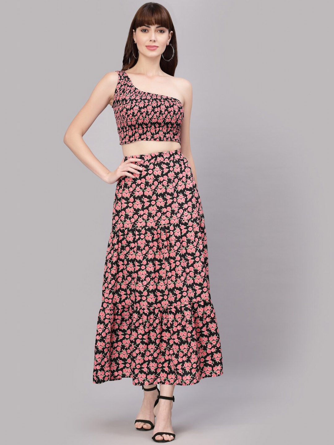 

aayu Floral Printed One Shoulder Top & Skirt Set, Red