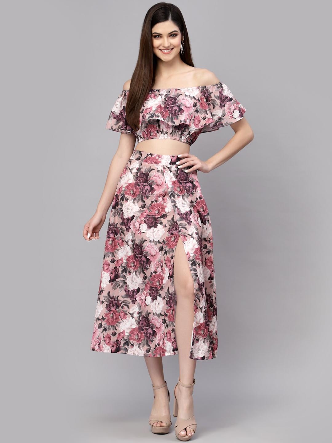 

aayu Printed Ruffled Crop Top With Skirt Co-Ords, Purple