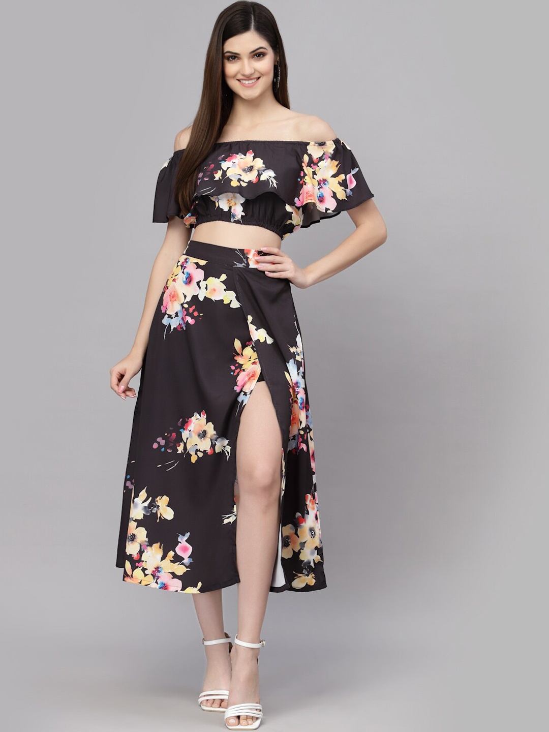 

aayu Women Floral Printed Top With Skirt, Black
