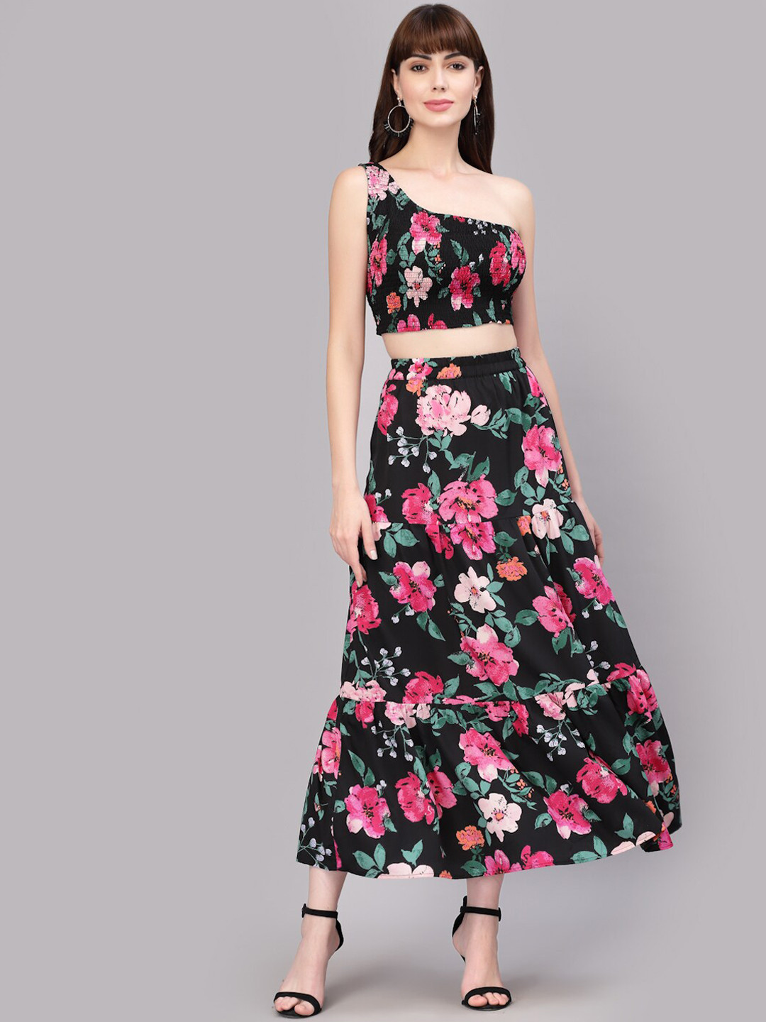 

aayu Floral Printed One Shoulder Top & Skirt Set, Black