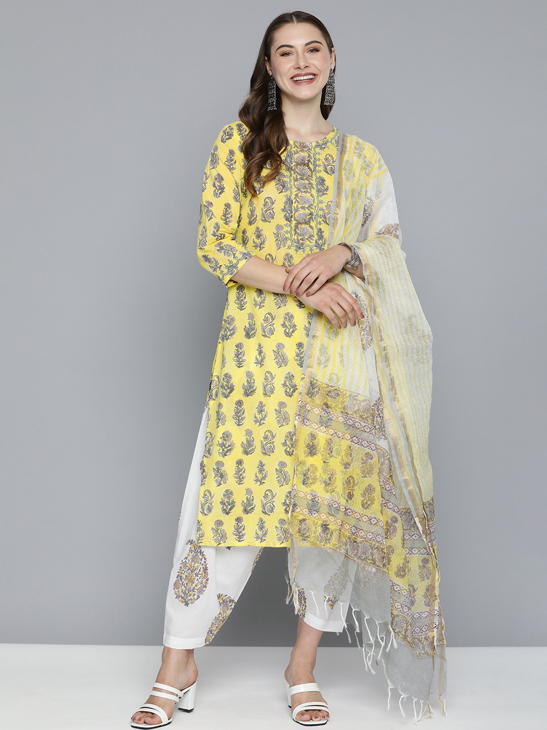 

HERE&NOW Motifs Printed Regular Pure Cotton Kurta with Salwar & With Dupatta, Yellow
