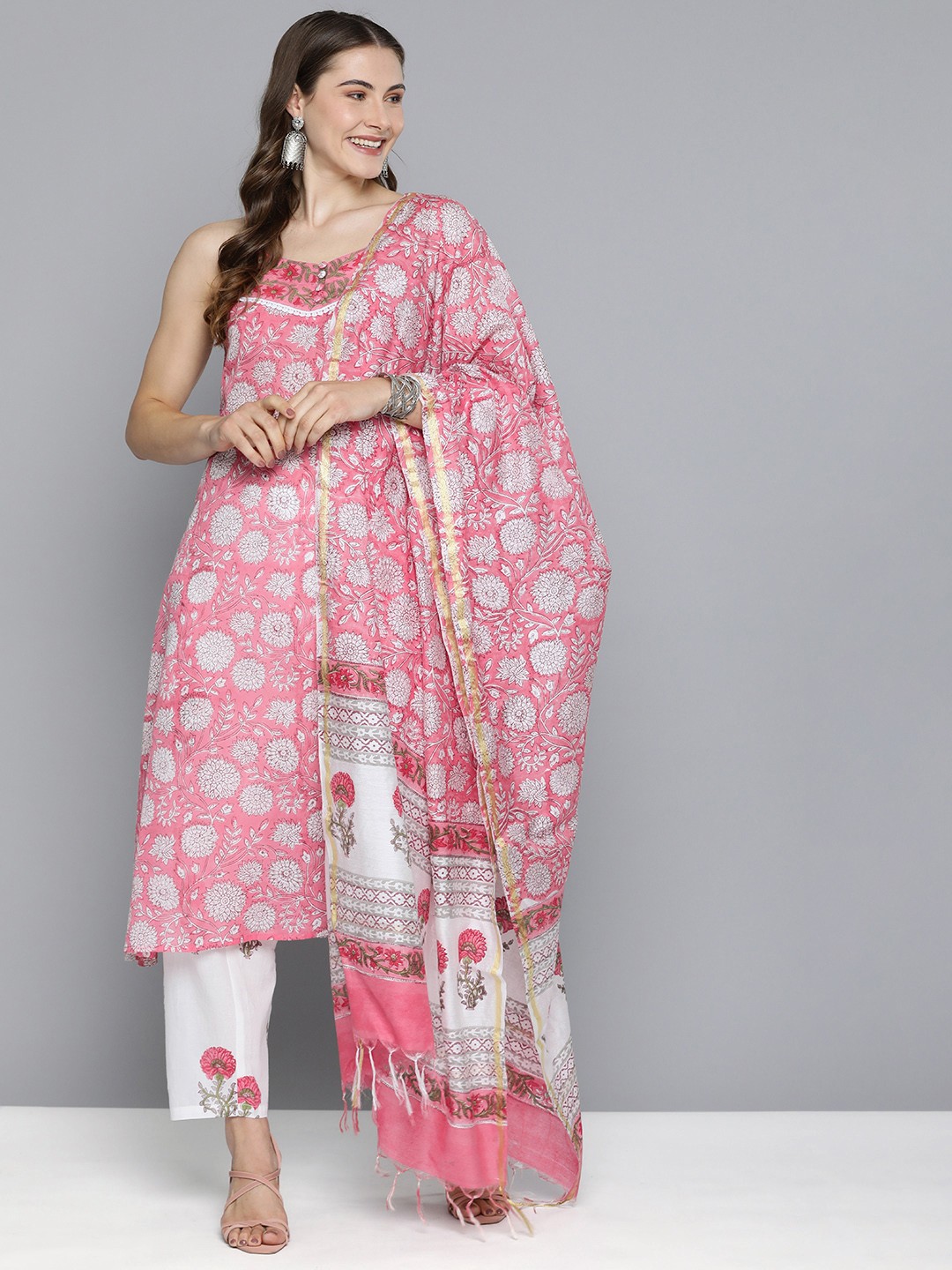 

HERE&NOW Floral Printed Regular Pure Cotton Kurta with Palazzos & With Dupatta, Pink