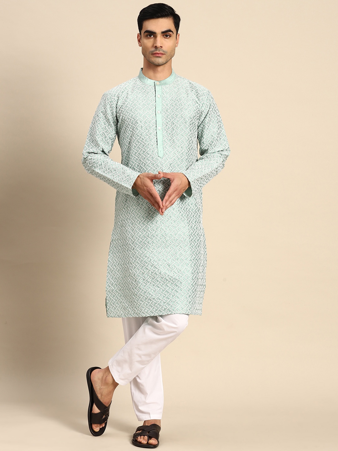 

Anouk Embroidered Chikankari Dupion Silk Kurta with Pyjamas, Sea green