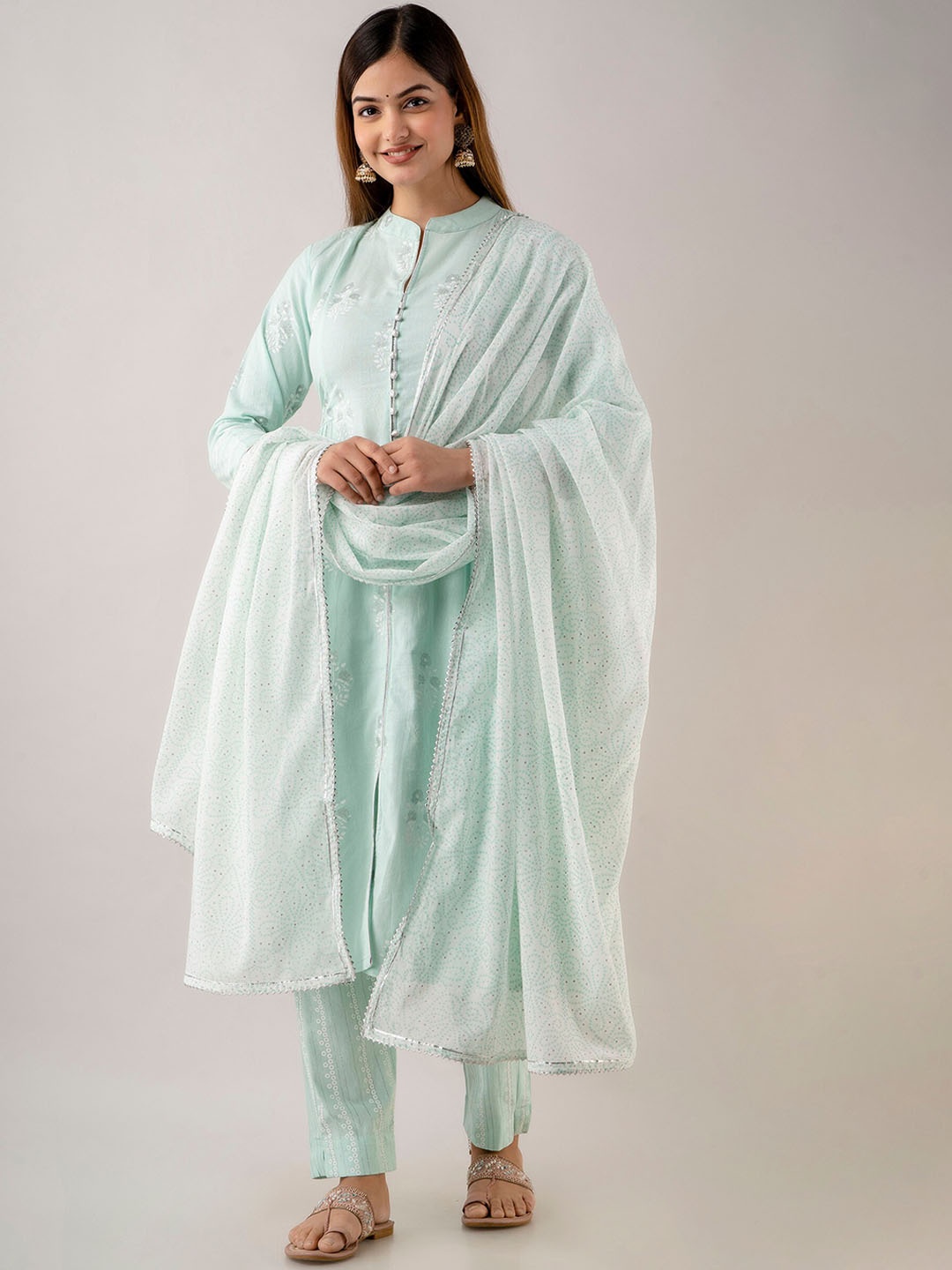 

Kurtipedia Floral Printed Pleated Pure Cotton Kurta with Trousers & Dupatta, Sea green