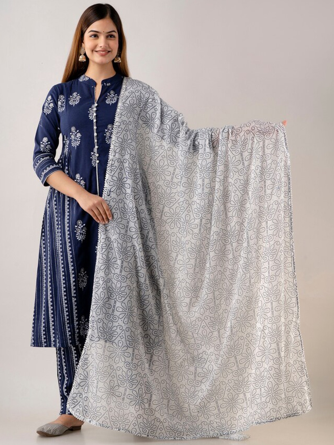 

Kurtipedia Printed Pure Cotton Kurta with Trousers & Dupatta, Navy blue