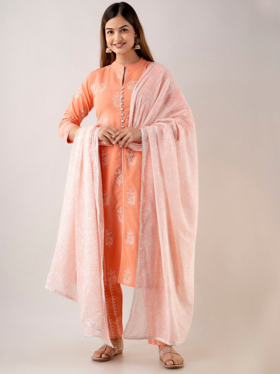 

Kurtipedia Floral Printed Pure Cotton Kurta With Trousers & Dupatta, Peach