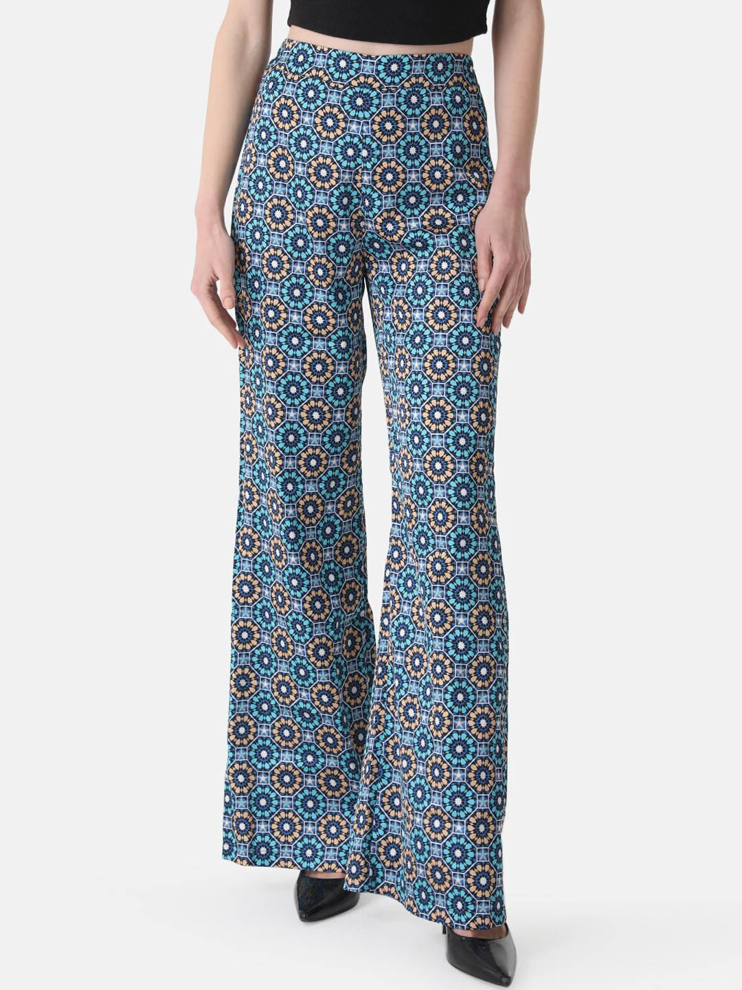 

Kazo Women Mid-Rise Floral Printed Flared High-Rise Bootcut Trousers, Blue