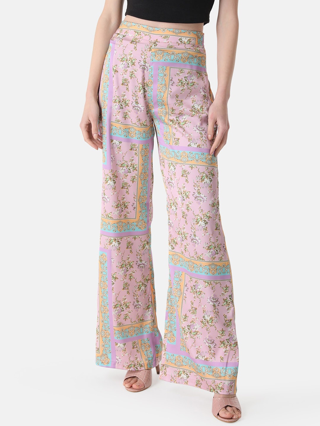 

Kazo Women Floral Printed Flared High-Rise Trousers, Yellow