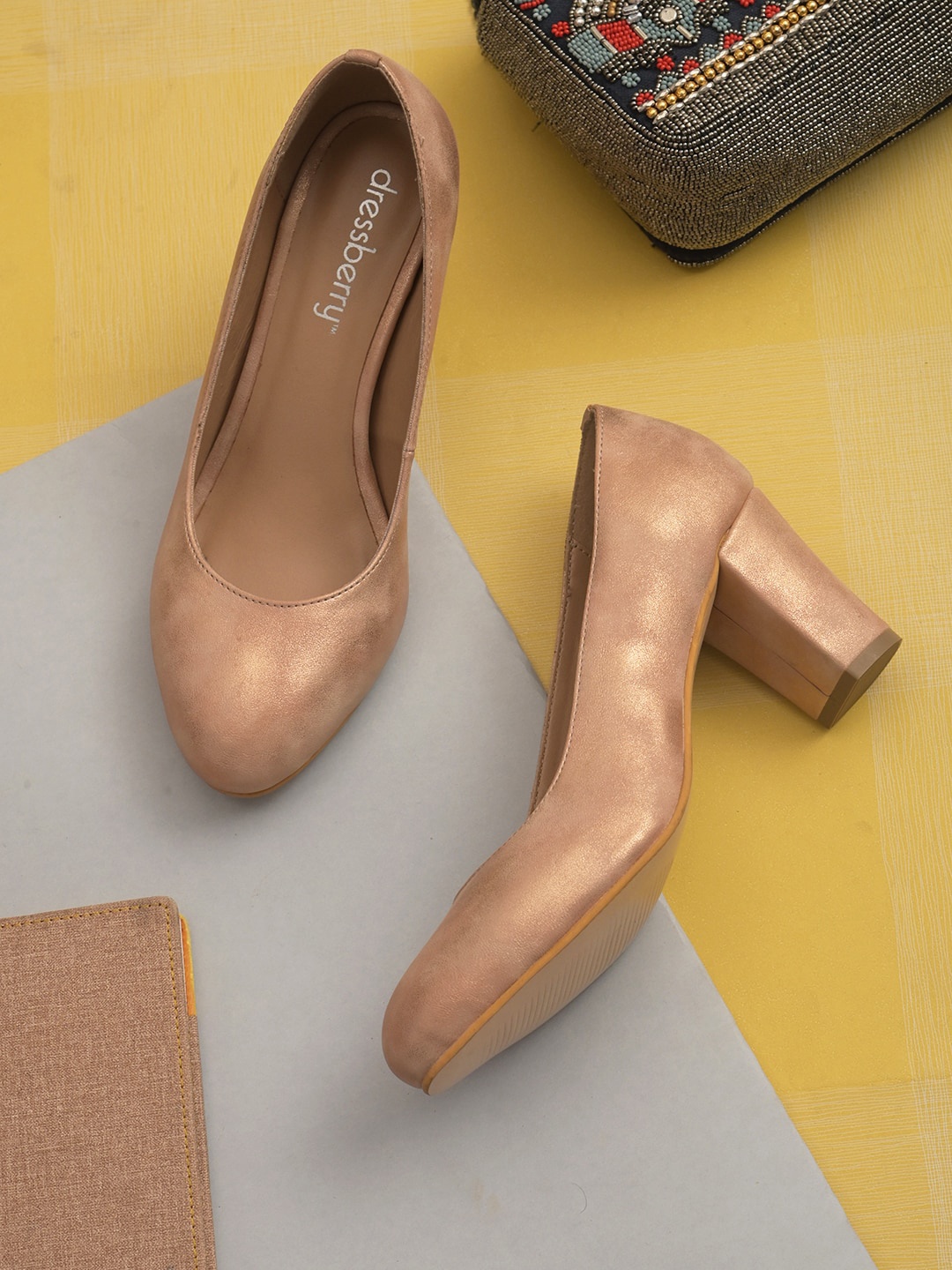 

DressBerry Pointed Toe Block Pump Heels, Gold