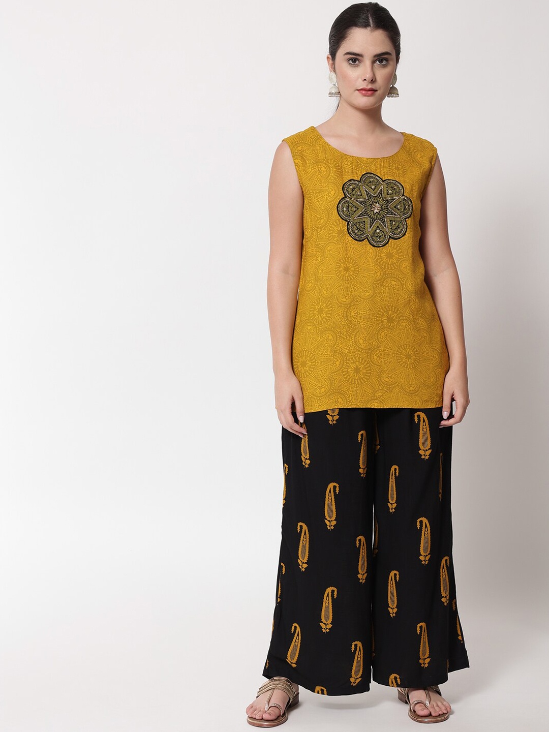 

KALINI Ethnic Motifs Printed Sequinned Kurta with Palazzos & Jacket, Mustard
