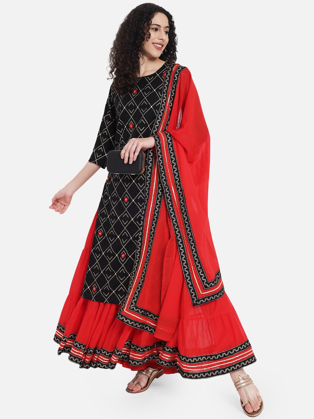 

KALINI Geometric Printed Gotta Patti Kurta with Skirt & With Dupatta, Black