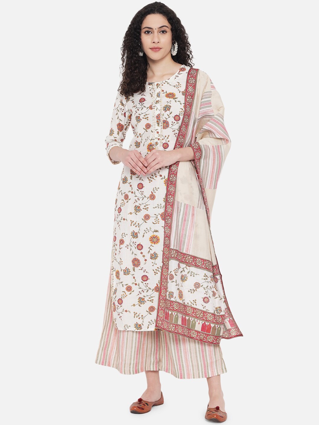 

KALINI Floral Printed Chanderi Cotton Kurta with Palazzos & Dupatta, White
