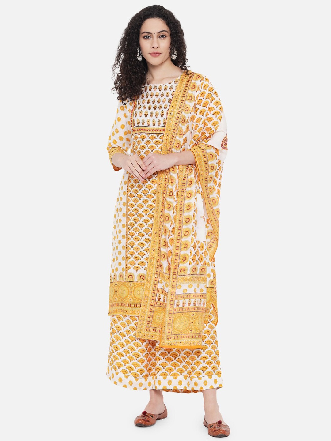 

KALINI Ethnic Motifs Printed Chanderi Cotton Kurta with Palazzos & Dupatta, Mustard