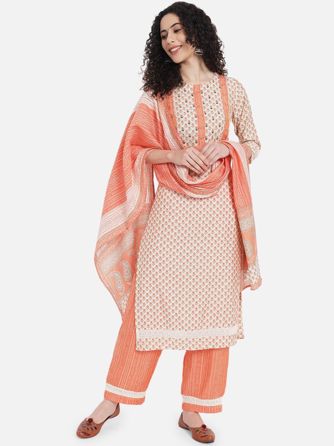 

KALINI Floral Printed Chanderi Cotton Kurta with Palazzos & Dupatta, Peach