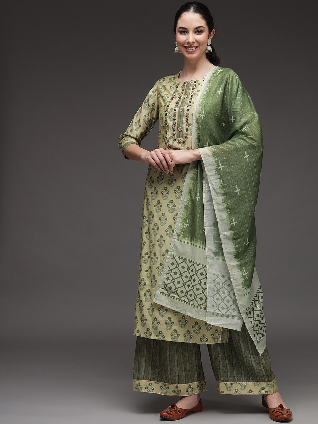 

KALINI Floral Printed Kurta with Palazzos & Dupatta, Green