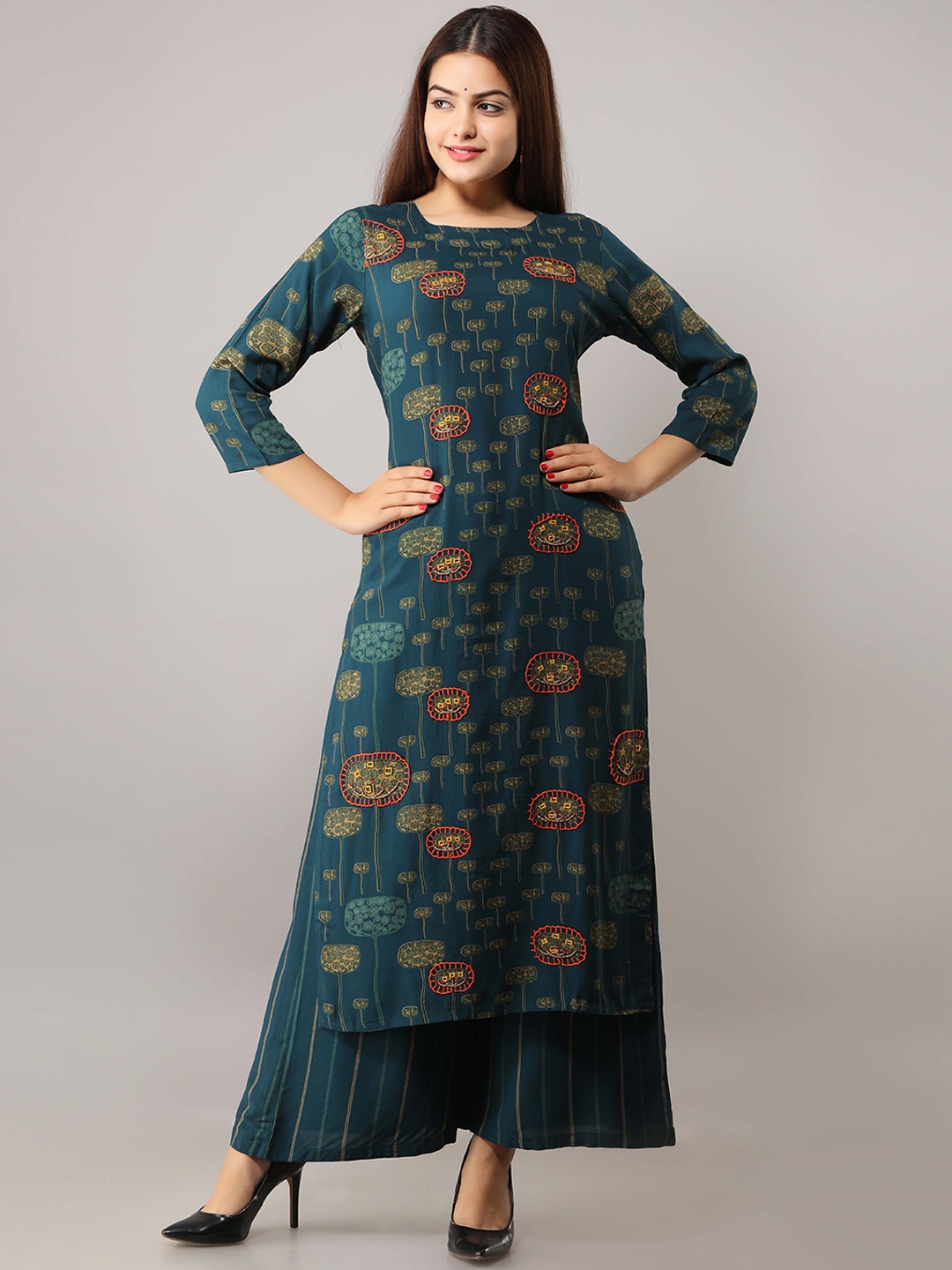 

KALINI Ethnic Motifs Printed Kantha Work Kurta with Palazzos, Navy blue