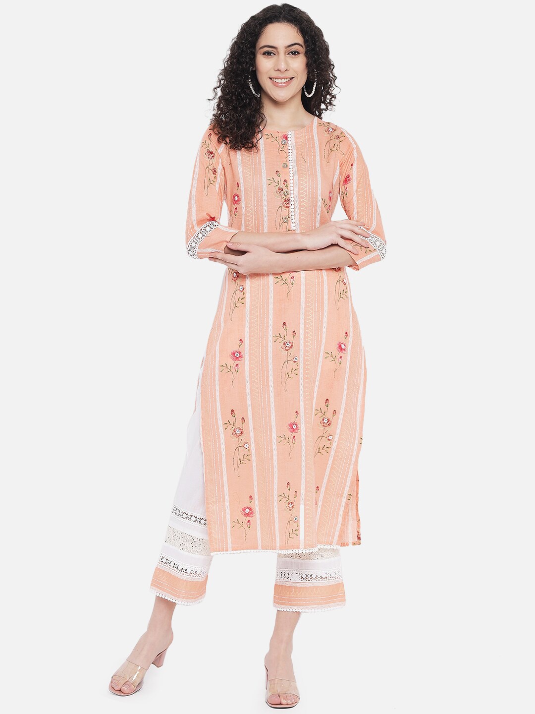 

KALINI Floral Printed Mirror Work Kurta with Trousers, Peach