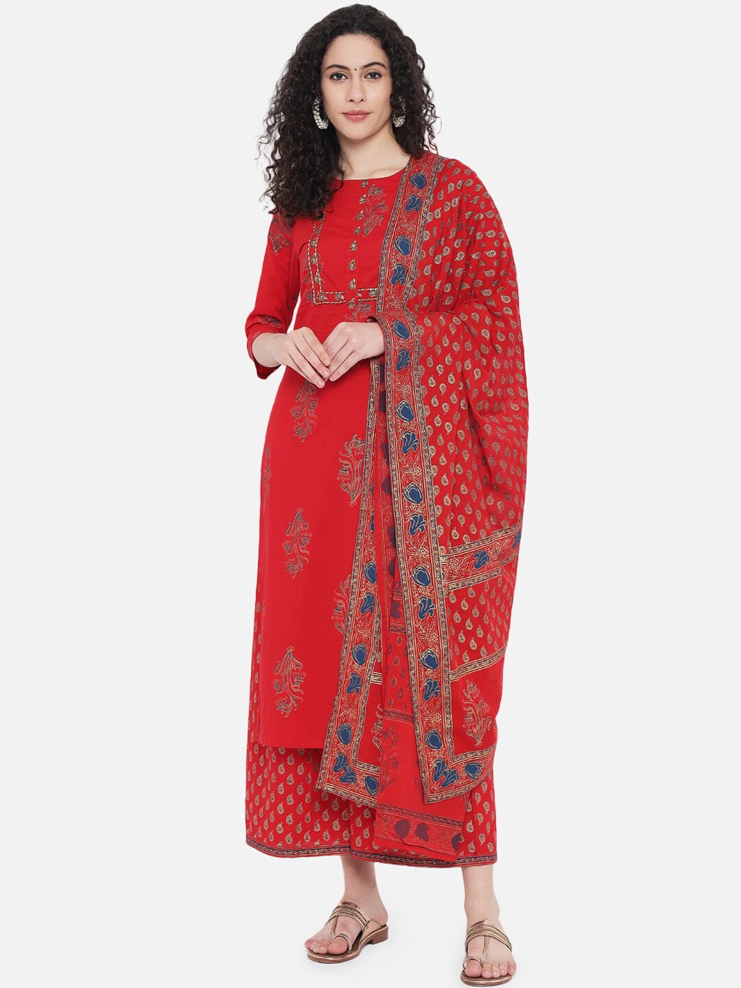 

KALINI Floral Printed Pure Cotton Kurta with Palazzos & Dupatta, Red