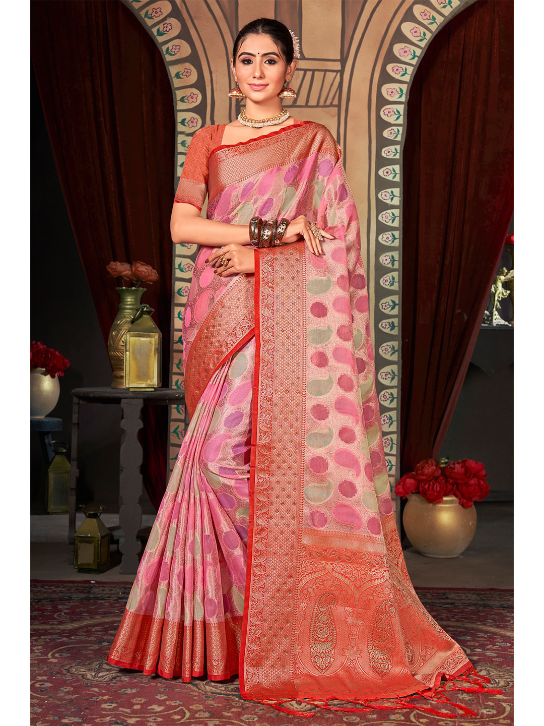 

Exclusiva Woven Design Zari Organza Saree, Pink