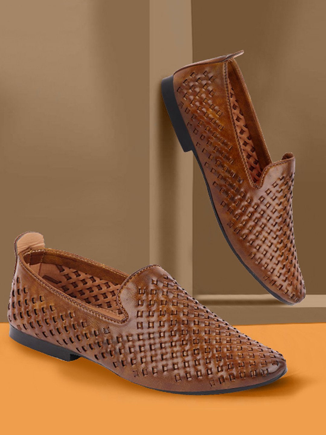 

FAUSTO Men Woven Design Lightweight Mojaris, Brown