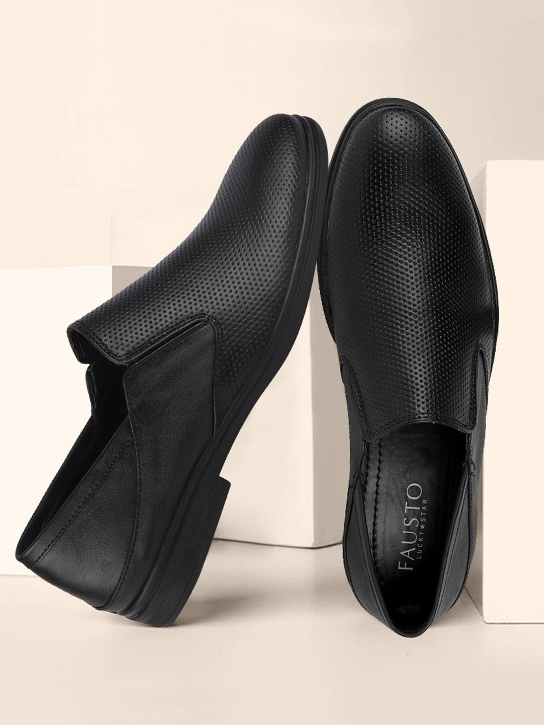 

FAUSTO Men Leather Formal Slip-On Shoes, Black