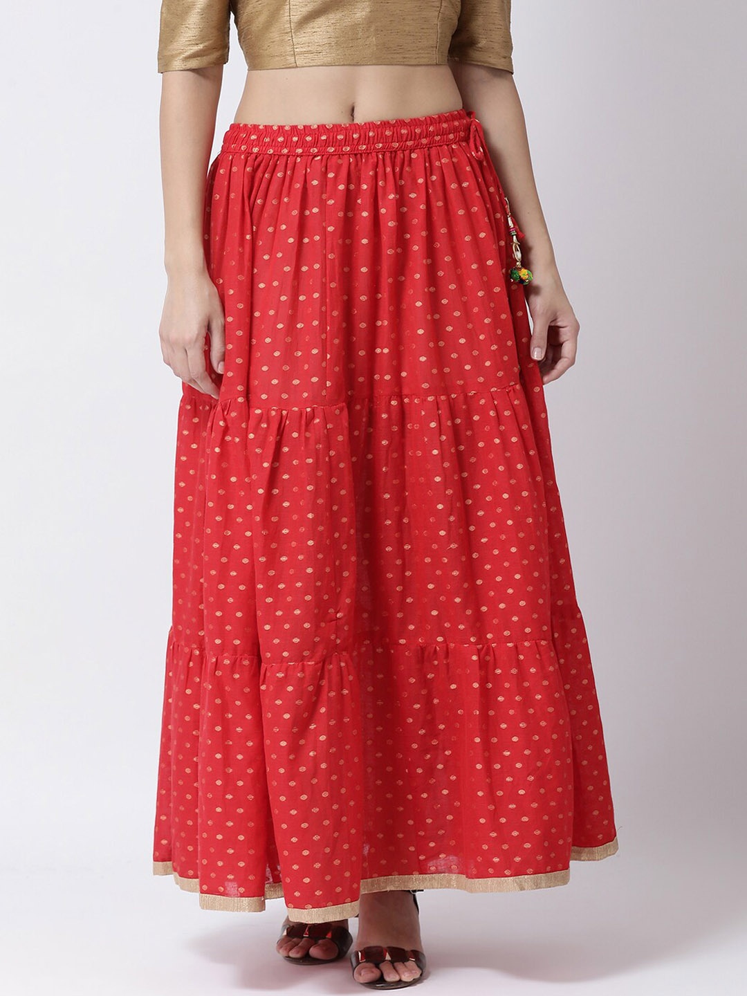 

Charitra Self-Design Pure Cotton Tiered Maxi Skirt, Red
