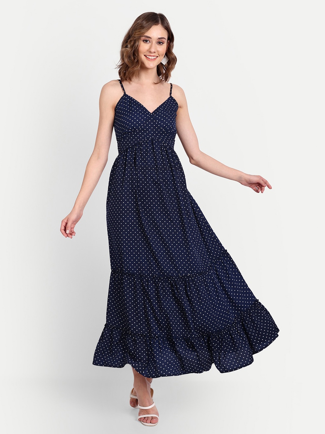 

ESSQUE Shoulder Straps Polka Dot Printed Crepe Maxi Dress, Blue
