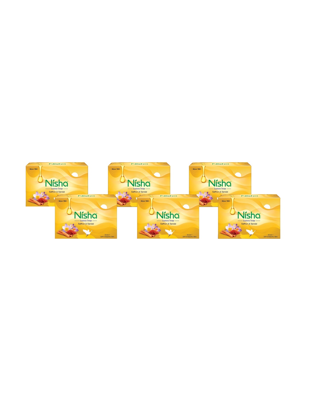 

Nisha Set Of 6 Saffron and Sandal Bathing Soaps - 100gm Each, Yellow