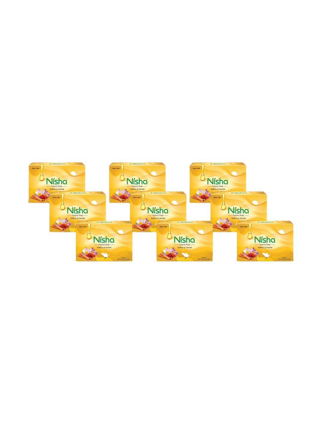 

Nisha Set Of 9 Saffron and Sandal Bathing Soaps - 100gm Each, Yellow
