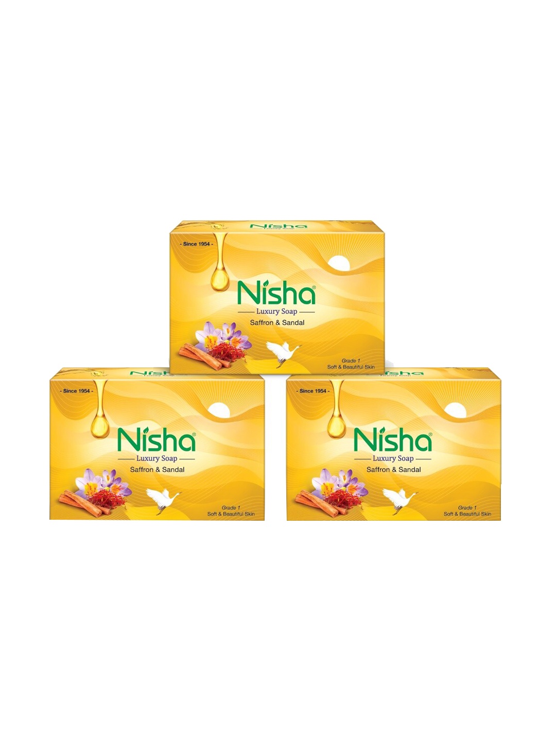 

Nisha Set Of 3 Saffron and Sandal Bathing Soaps - 100gm Each, Yellow