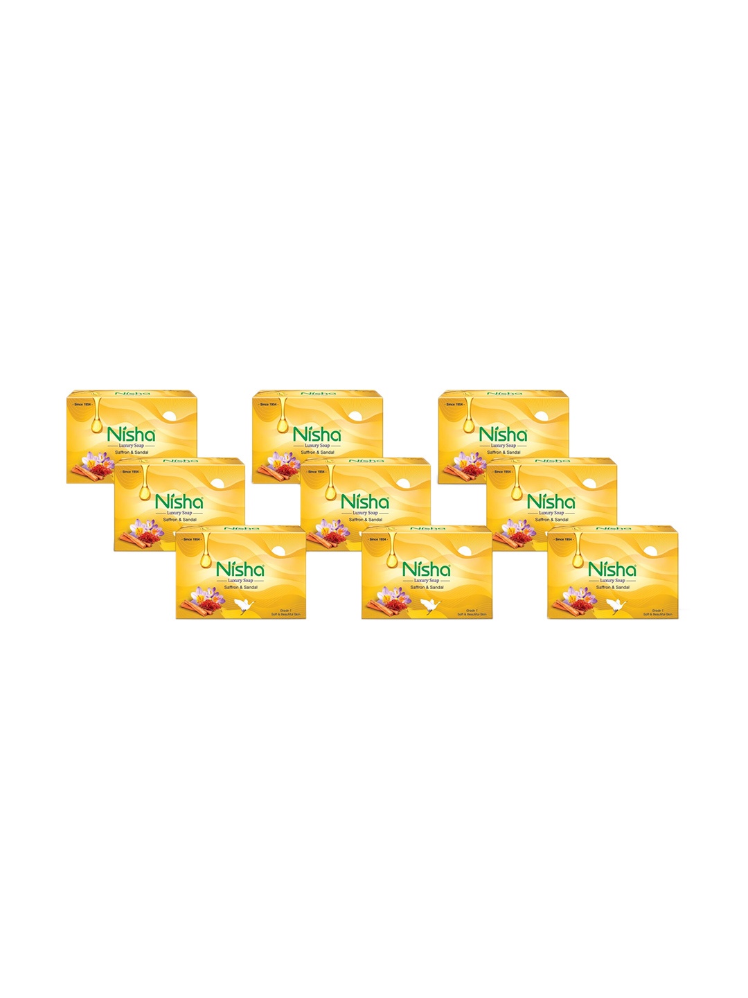 

Nisha Set Of 12 Saffron and Sandal Bathing Soaps - 100gm Each, Yellow