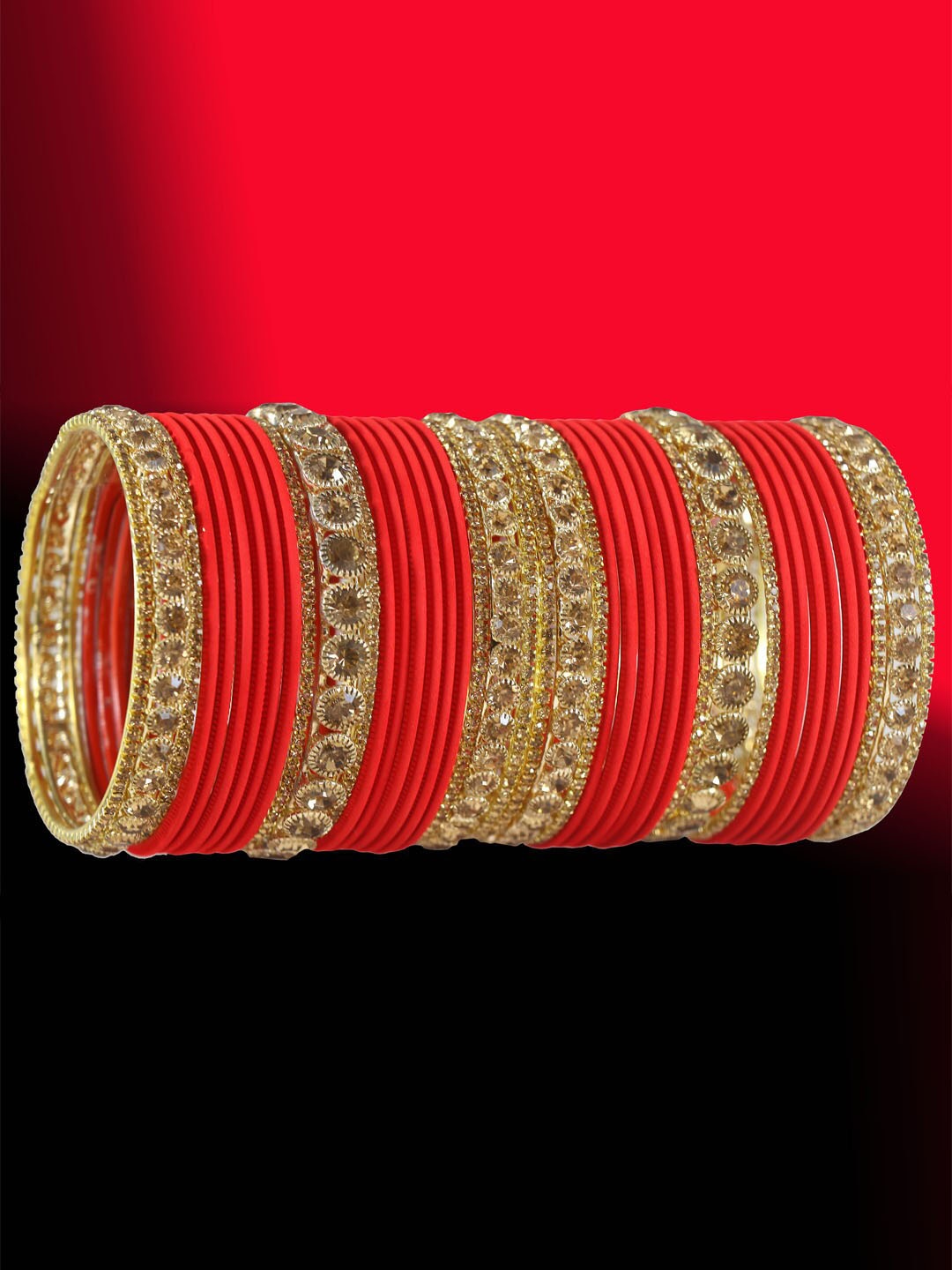 

NMII Set Of 42 Zircon Gemstone Studded Bangles, Red
