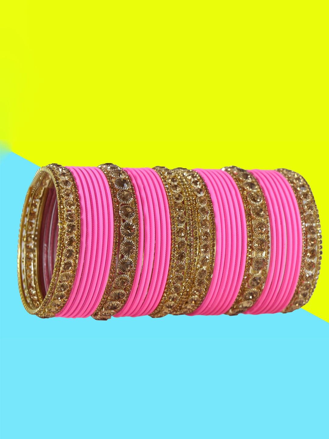 

NMII 42 Pcs Zircon Gemstone Studded Antique Bangles, Pink