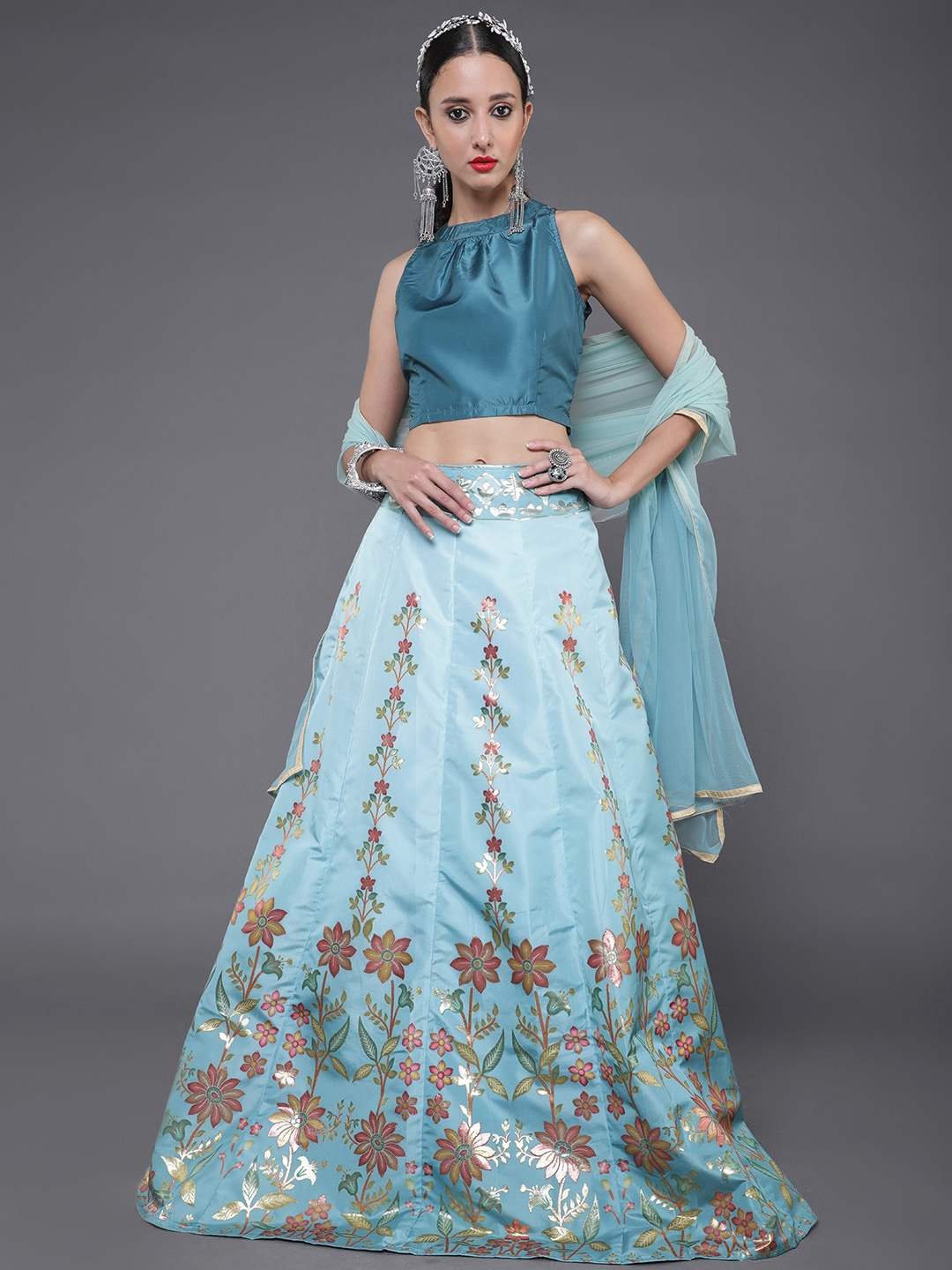 

saubhagya Printed Ready to Wear Lehenga & Blouse With Dupatta, Teal