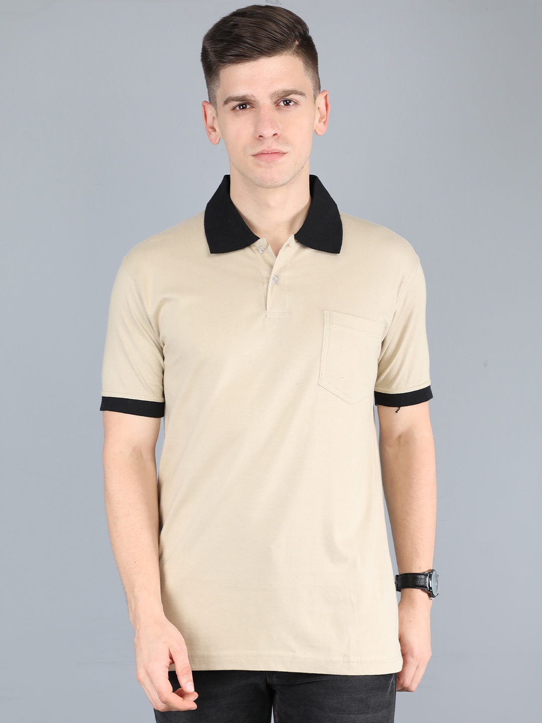

Fleximaa Men Polo Collar Cotton T-shirt, Beige