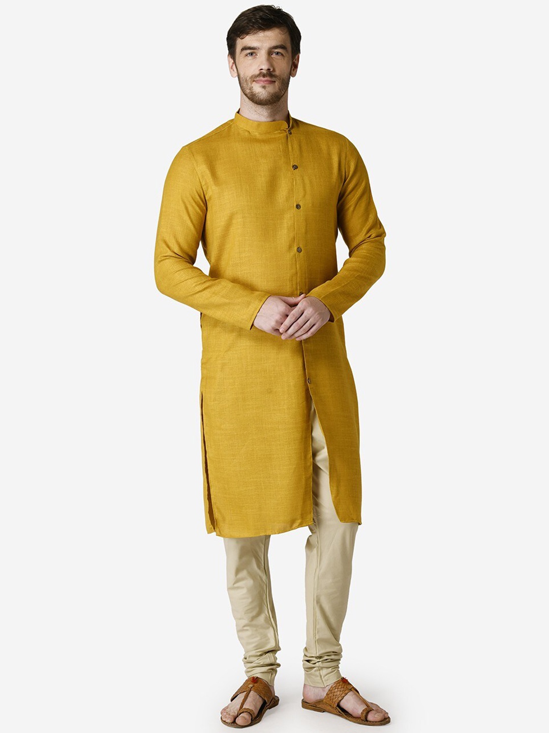 

TABARD Men Pure Cotton Angrakha Kurta with Churidar, Mustard