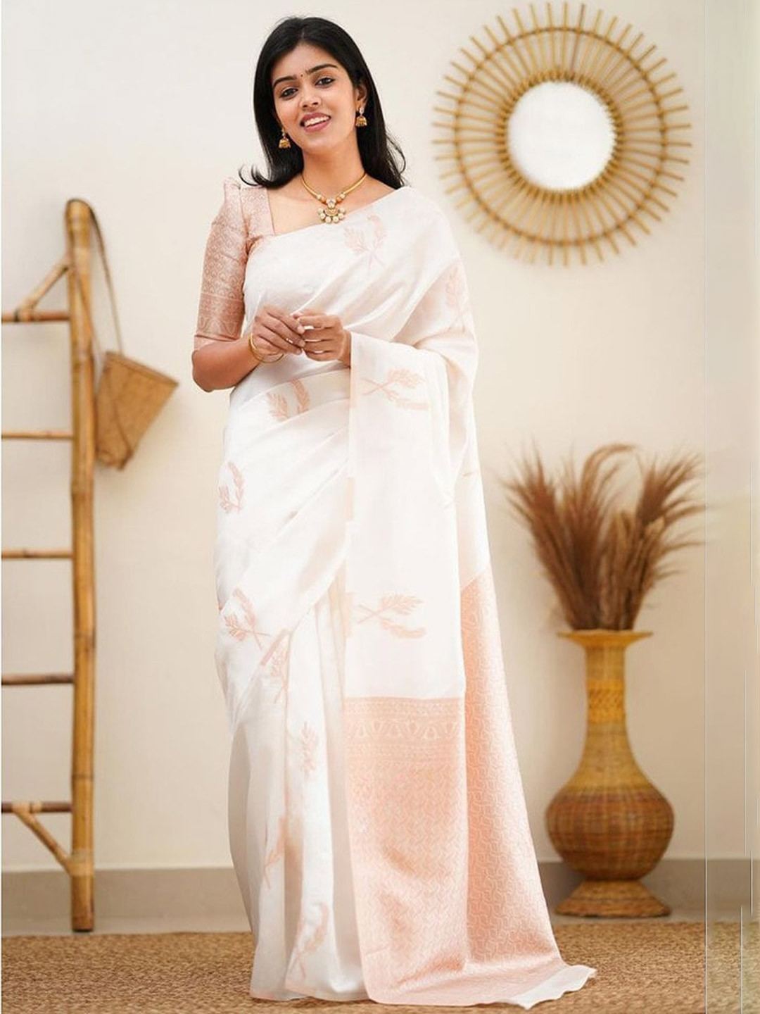 

ORUS Ethnic Motif Woven Design Pure Silk Kanjeevaram Saree, White