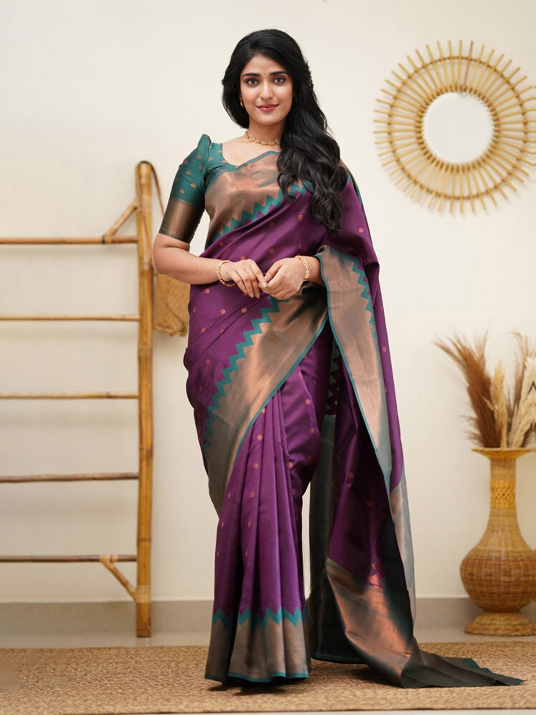

ORUS Woven Design Zari Silk Blend Kanjeevaram Saree, Teal