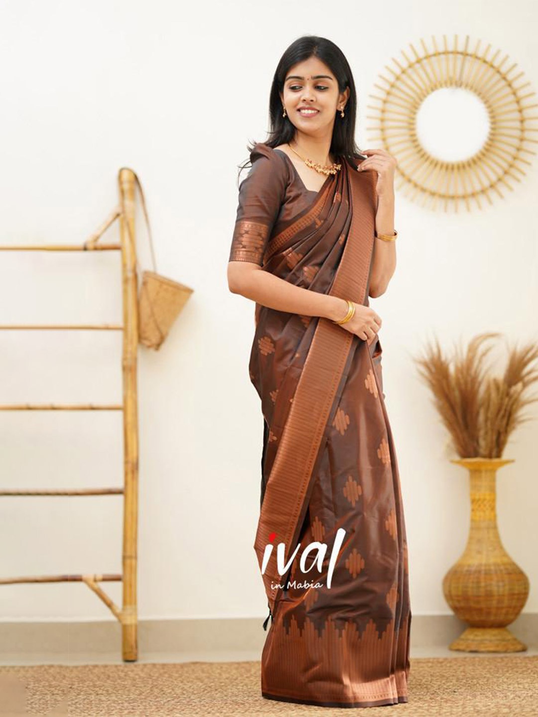 

ORUS Woven Design Zari Silk Blend Kanjeevaram Saree, Coffee brown
