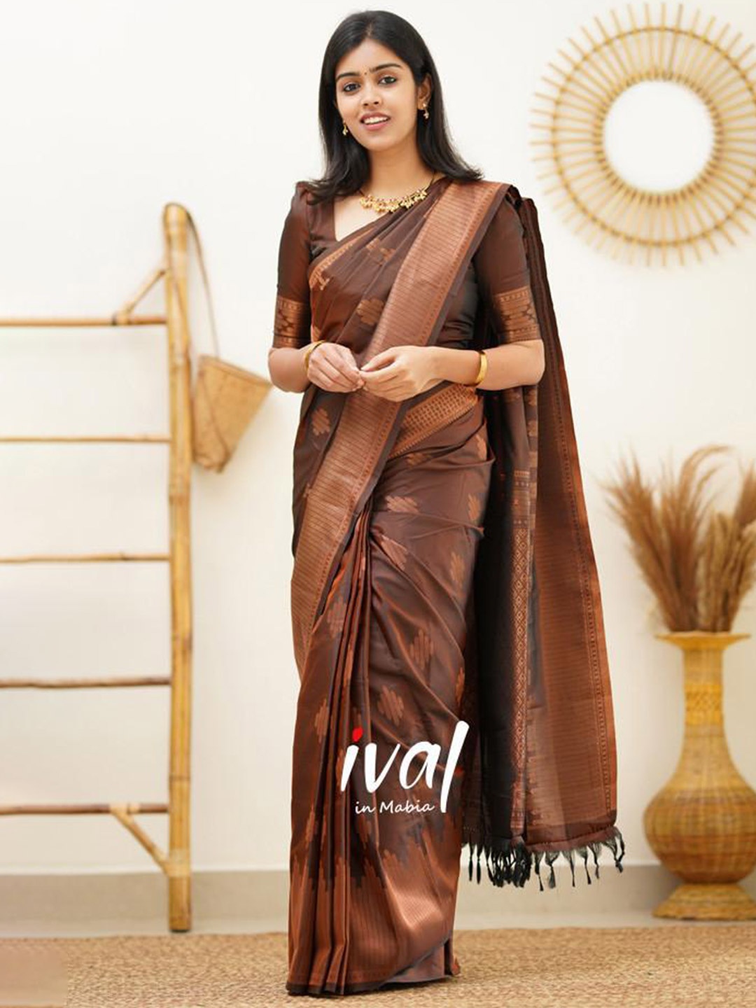

ORUS Woven Design Zari Silk Blend Kanjeevaram Saree, Coffee brown