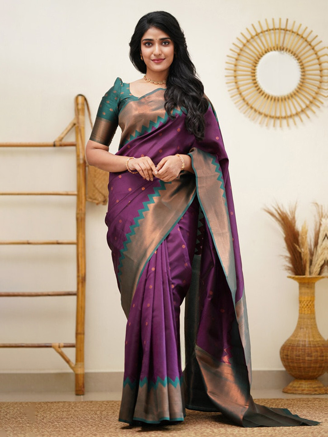 

ORUS Woven Design Zari Silk Blend Kanjeevaram Saree, Teal