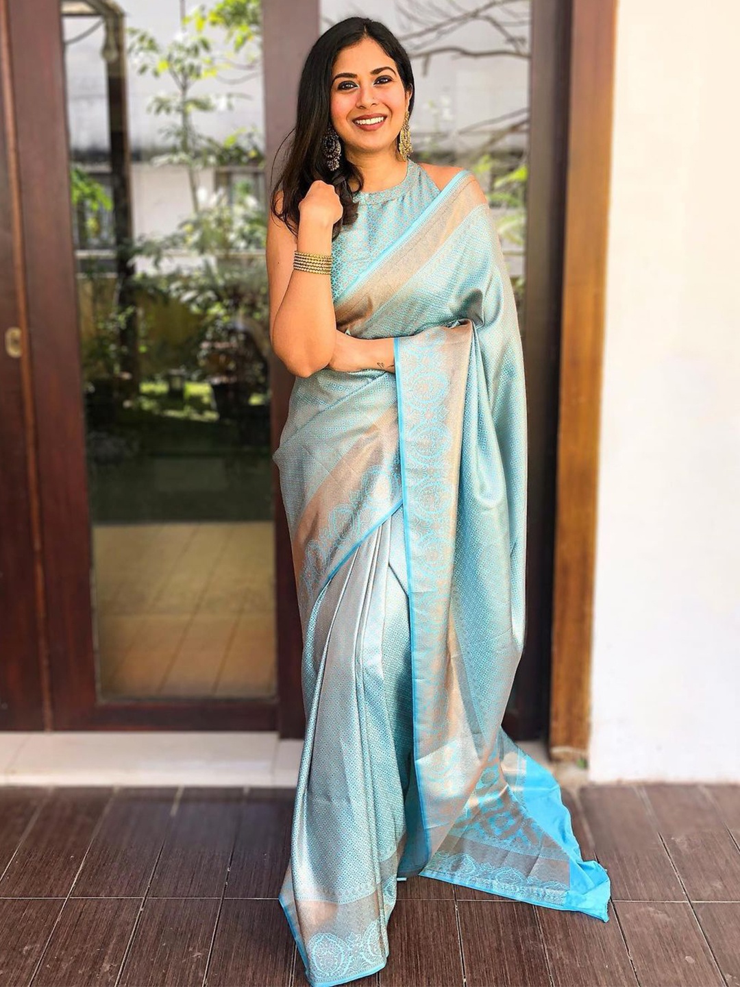 

ORUS Woven Design Zari Silk Blend Kanjeevaram Saree, Turquoise blue