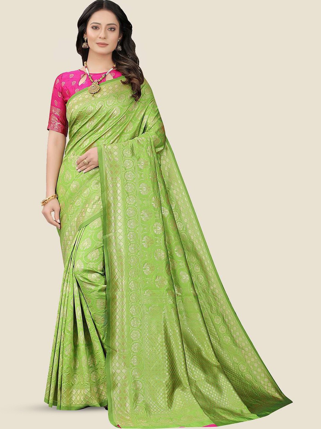 

ORUS Woven Design Zari Silk Blend Banarasi Saree, Green